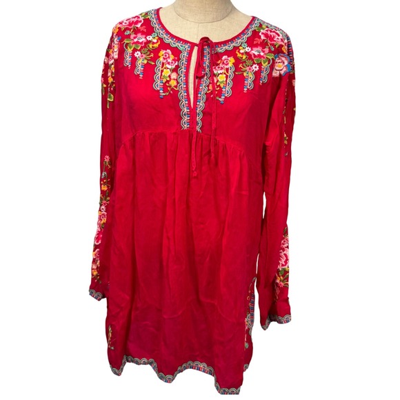 Johnny Was Vanessa M Embroidered Red Tunic Top Floral Rayon Boho Fairy Peasant - Picture 14 of 16
